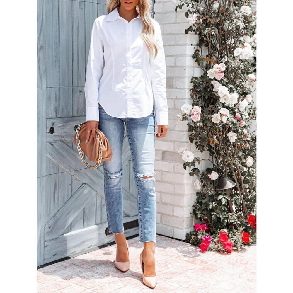 Women's Button Down Long Sleeve Wrinkle Free Collared Solid Blouses Dress Shirt - Picture 4 of 5